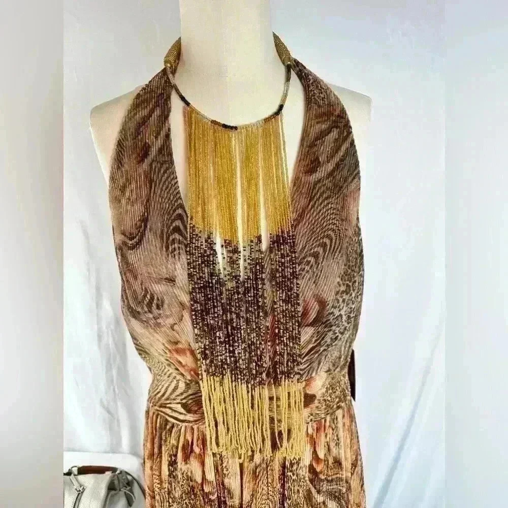 NWT Vince Camuto Size 12 Brown Halter Vacation/Date Night Dress W/23" Necklace - Picture 3 of 13
